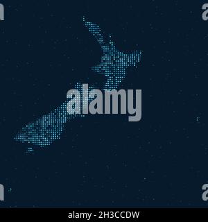 Mezzitoni astratti punteggiati con effetto stellato su sfondo blu scuro con mappa della Nuova Zelanda. Tecnologia digitale punteggiata sfera di design e struttura. ve Illustrazione Vettoriale