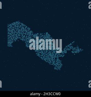 Mezzitoni astratti punteggiati con effetto stellato su sfondo blu scuro con mappa dell'Uzbekistan. Tecnologia digitale punteggiata design sfera e struttura. vec Illustrazione Vettoriale