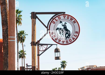 Il cartello Old Town Scottsdale, che segna l'inizio della zona della città vecchia a Scottsdale, Arizona Foto Stock