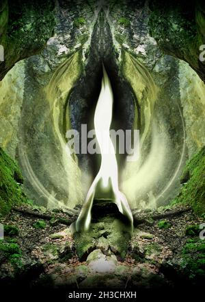 Poster fiamma verde di Arcangelo Raffaello in bellissimo paesaggio mistico foresta. Foto Stock