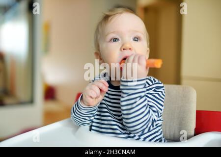 Carino bambino ragazzo che mangia carota seduto in un seggiolone bianco. Introduzione dei primi alimenti solidi. Verdure fresche biologiche per bambini. Nutritio sano Foto Stock