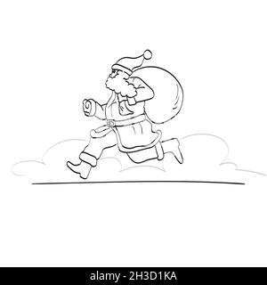 Linea arte Babbo natale in esecuzione con vettore illustrazione borsa isolato su sfondo bianco Illustrazione Vettoriale