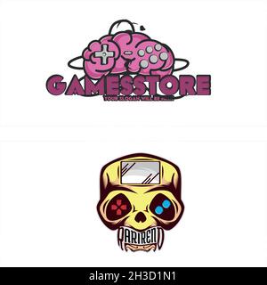 Moderno negozio di gioco bastone joystick testa cranio pulsante logo design Illustrazione Vettoriale