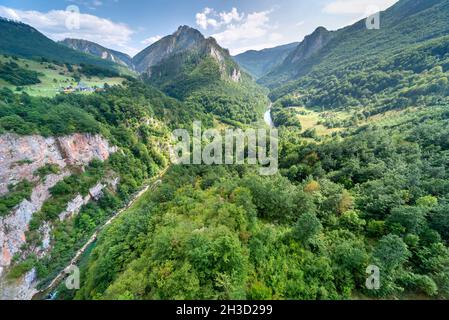 Bagnata dalla luce del sole di fine estate. Il fiume Tara si snoda attraverso la gola tra ripide scogliere e le spettacolari montagne del nord Montenegro, tra lussureggianti guai Foto Stock