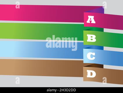 Sfondo vettoriale astratto con quattro strisce di carta colorate piegate con punti elenco alfabetici sulla pagina come layout. Illustrazione Vettoriale