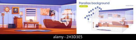 Camera da letto del ragazzo in tema pirata con base della nave, ritratto del capitano e immagine del cranio sul muro. Vettore parallasse sfondo con cartone animato interno di spazio vuoto per bambini con vetro spia e orologio volante Illustrazione Vettoriale