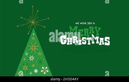 Allegro Natale web modello illustrazione di lusso albero di pino d'oro in geometrico stile popolare. Decorazione in fiocco di neve con glitter dorati, design di metà secolo per Foto Stock