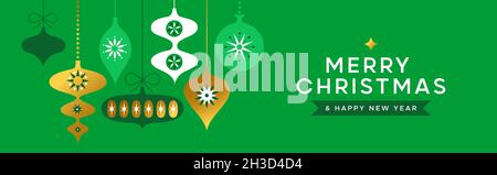 Allegro Natale felice anno nuovo web banner illustrazione di lusso ornamento oro bauble in geometrico folk arte stile. Decorazione a sfera dorata per x Foto Stock