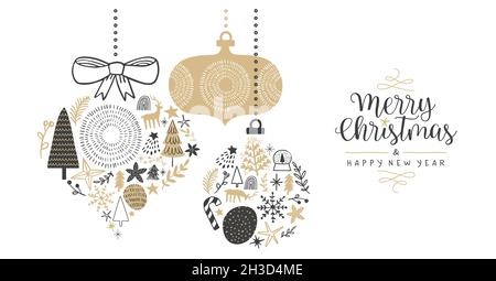 Allegro Natale felice anno nuovo biglietto di auguri illustrazione di disegno a mano inverno decorazione vacanza in forma ornamento bauble. Scarabocchio in stile scandinavo Foto Stock