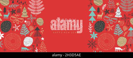 Allegro Natale felice anno nuovo web banner illustrazione, disegno a mano inverno stagione decorazione in stile scandinavo. Carino boho cartoon doodles di pino t Foto Stock