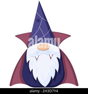 Piccolo gnome vampiro in stile piatto, carattere nano con denti di sangue isolati su sfondo bianco. Illustrazione Vettoriale