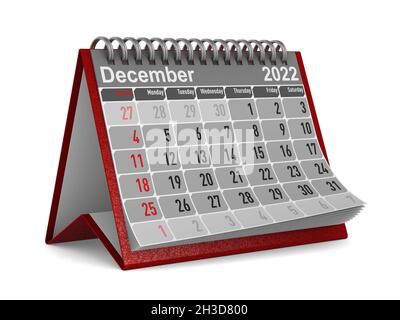 2022 anni. Calendario di dicembre. Illustrazione 3D isolata Foto Stock