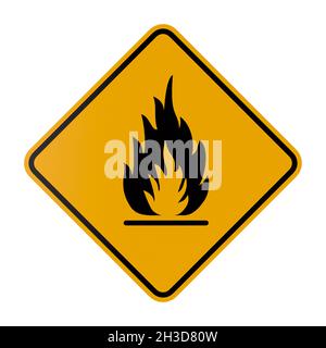 Segnale di avviso incendio in romb giallo. Sostanze infiammabili e infiammabili su sfondo bianco. Illustrazione 3D isolata Foto Stock