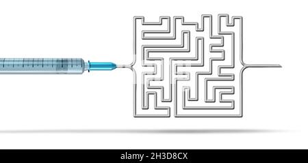 Sfida di vaccinazione e problemi sanitari o problemi di servizi sanitari come una siringa ospedale a forma di un labirinto complicato che rappresenta compli Foto Stock