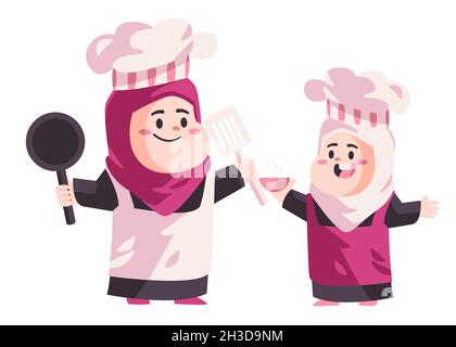 Mamma e bambino usando grembiule rosa e cappello tenere sugli utensili da cucina preparare lezione di cucina piano moderno sfondo isolato vettore illustrazione Illustrazione Vettoriale