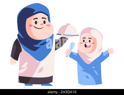 Donna musulmana e figlia con hijab blu che serve cibo in mano mamma giocare con i bambini moderno cartoon colore isolato sfondo vettore illustrazione Illustrazione Vettoriale