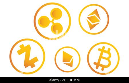 Set di simboli delle icone delle monete di criptovaluta. Illustrazione Vettoriale