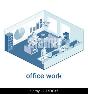 Lavoro in ufficio. Illustrazione vettoriale. Il concetto di lavoro dei dipendenti in ufficio. Forma isometrica. Illustrazione Vettoriale