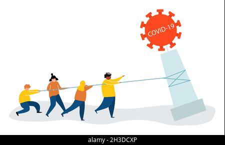 Illustrazione vettoriale covid-19 coronavirus. Cura coronavirus. Persone combattere, sconfiggere, proteggere virus concetto. corona virus vaccino concetto Illustrazione Vettoriale