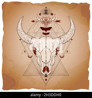 Illustrazione vettoriale con teschio toro disegnato a mano, falena testa morta e simbolo geometrico Sacro su sfondo di carta vintage con bordi strappati. Astratto mysti Illustrazione Vettoriale