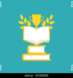 Apri il libro d'oro con l'alloro e il trofeo d'oro o la coppa vincente. Isolato su sfondo blu polvere. Icona lettura piatta. Illustrazione vettoriale. Registro formazione Illustrazione Vettoriale