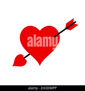 Freccia dentro il cuore. Innamorati, emozioni, sentimenti. Grafica del giorno di San Valentino. Cuore cupido trafitto con freccia di tiro con l'arco. Romantico simbolo d'amore. Vettore Illustrazione Vettoriale