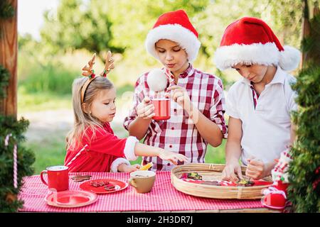 Bambini felici che si preparano per Natale. Due ragazzi e bambina in biscotti di pan di zenzero di colore santa Hat, bevendo cioccolata calda fuori divertirsi. Deco bambini Foto Stock