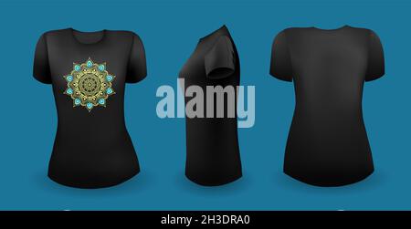 T-shirt femmina nera con mandala. Vista frontale, posteriore e laterale. Vettore Illustrazione Vettoriale