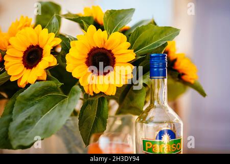 Cocktail Aperol Spritz su un tavolo con girasoli in un ristorante di pizza francese Foto Stock