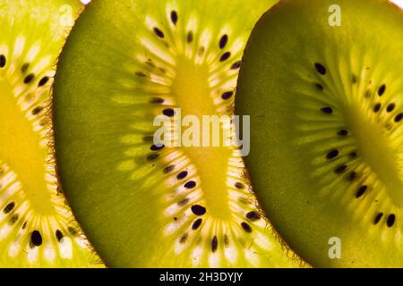 kiwi Fruit, uva spina cinese (Actinidia deliciosa), kiwi fettine in controluce Foto Stock