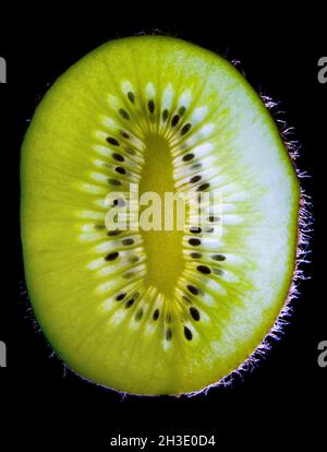kiwi Fruit, uva spina cinese (Actinidia deliciosa), kiwi in controluce, sfondo nero Foto Stock