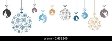 baubles appesi di colore blu con diverse icone astratte per i concetti di natale e inverno, fiocchi di neve baubles e saluti per natale e. Illustrazione Vettoriale