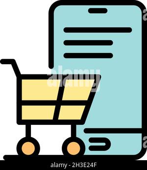 Icona del carrello e dello smartphone. Profilo carrello e smartphone icona vettore colore piatto isolato Illustrazione Vettoriale