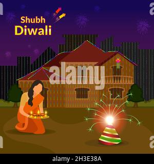 Bella casa dolce decorata con luci decorative al festival di Diwali. Donna indiana che celebra diwali con diya. Illustrazione Vettoriale