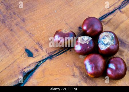 Ottobre 2021. Castagne su sfondo di legno. Foto di alta qualità Foto Stock