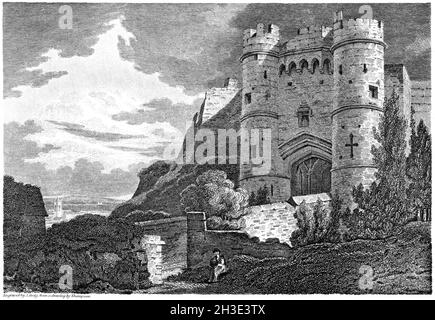 Un'incisione del Castello di Carisbrooke, Isle of Wight UK scansionata ad alta risoluzione da un libro stampato nel 1812. Creduto libero di copyright. Foto Stock