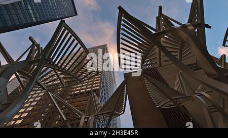 Vista ad angolo basso degli alberi della Galleria su Stephen Avenue nel centro di Calgary, con il cielo spettacolare dopo il tramonto e gli alti edifici di uffici. Foto Stock