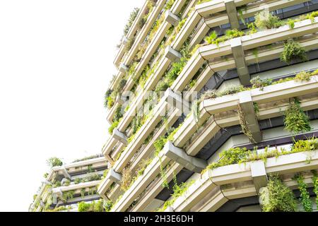 Dal basso design creativo di facciata casa a più piani con piante verdi sui balconi in città Foto Stock