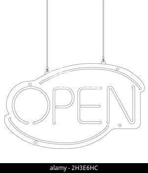 Contorno di un cartello pubblicitario con la parola APERTA da linee nere isolate su sfondo bianco. Vista frontale. Illustrazione vettoriale Illustrazione Vettoriale