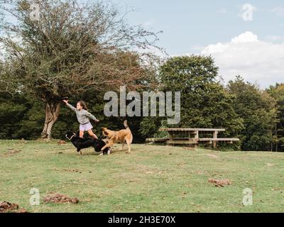 Ragazza spensierata che corre con cani pelosi giocosi su prato erboso con alto albero verde e tavolo di legno in zona rurale Foto Stock