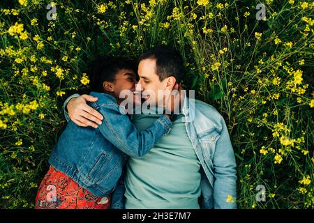 Giovane coppia di amore multirazziale in abiti casual baciare mentre si trova in lussureggiante prato fiorente durante la data romantica il giorno di sole Foto Stock