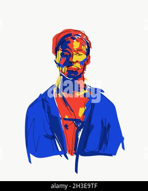 Illustrazione vettoriale creativa e colorata di un uomo etnico in camicia che guarda via penosamente su sfondo bianco Foto Stock