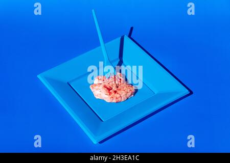 Un mucchio di cervelli crudi rosa serviti su piastra blu con forchetta di plastica su sfondo blu in un moderno studio creativo chiaro Foto Stock