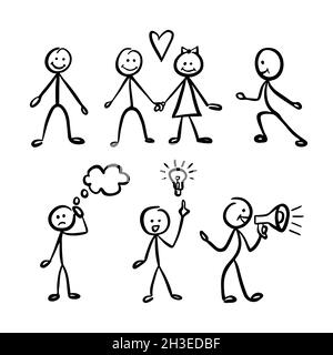 Collezione figure bastone disegnate a mano. Doodle persone isolate su sfondo bianco. Illustrazione vettoriale. Illustrazione Vettoriale