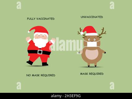 Buon Natale. Facemask non richiesto dopo la vaccinazione con covid-19. Illustrazione di Babbo Natale senza facemask e renne indossare facemask. Illustrazione Vettoriale