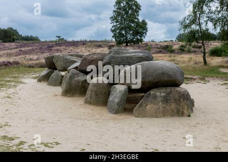 Vecchia tomba di pietra come un grande dolmen in Drenthe Olanda Foto Stock