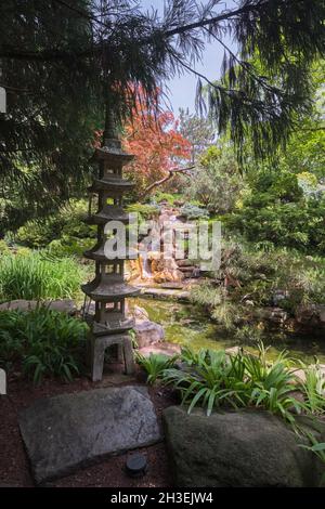 Scultura in pietra pagoda e cascata nella sezione Giardino Giapponese. A Marjorie Merriweather Post Hillwood Mansion, Museo, tenuta e giardini in W. Foto Stock