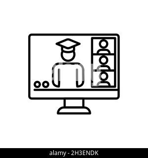 Formazione online a casa piatta icona. Pittogramma di formazione per il web. Tratto di linea. Isolato su sfondo bianco. Imparare il vettore del corso eps10 Foto Stock