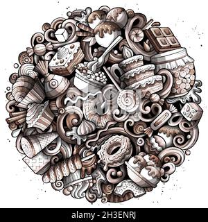 Illustrazione dei doodles vettoriali del fumetto del cibo dolce. Illustrazione Vettoriale