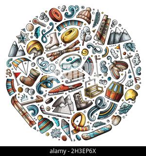 Set colorato di oggetti fumetto Winter Sports Illustrazione Vettoriale